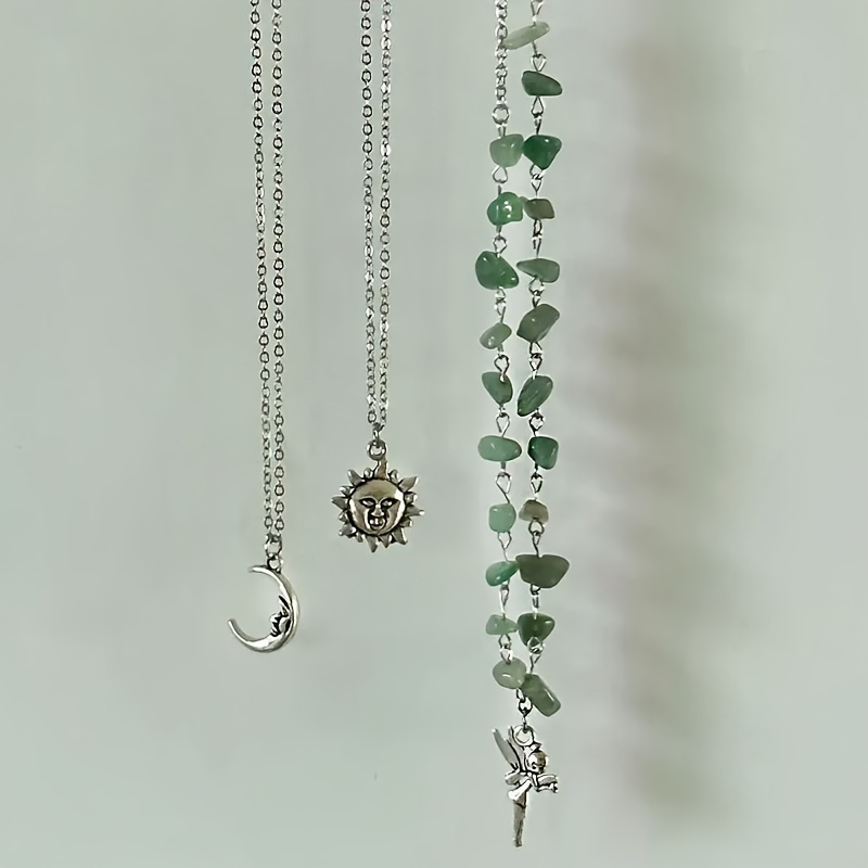 3pc Bohemian Style Layered Necklace Set — Moon, Sun, and Angel Pendants